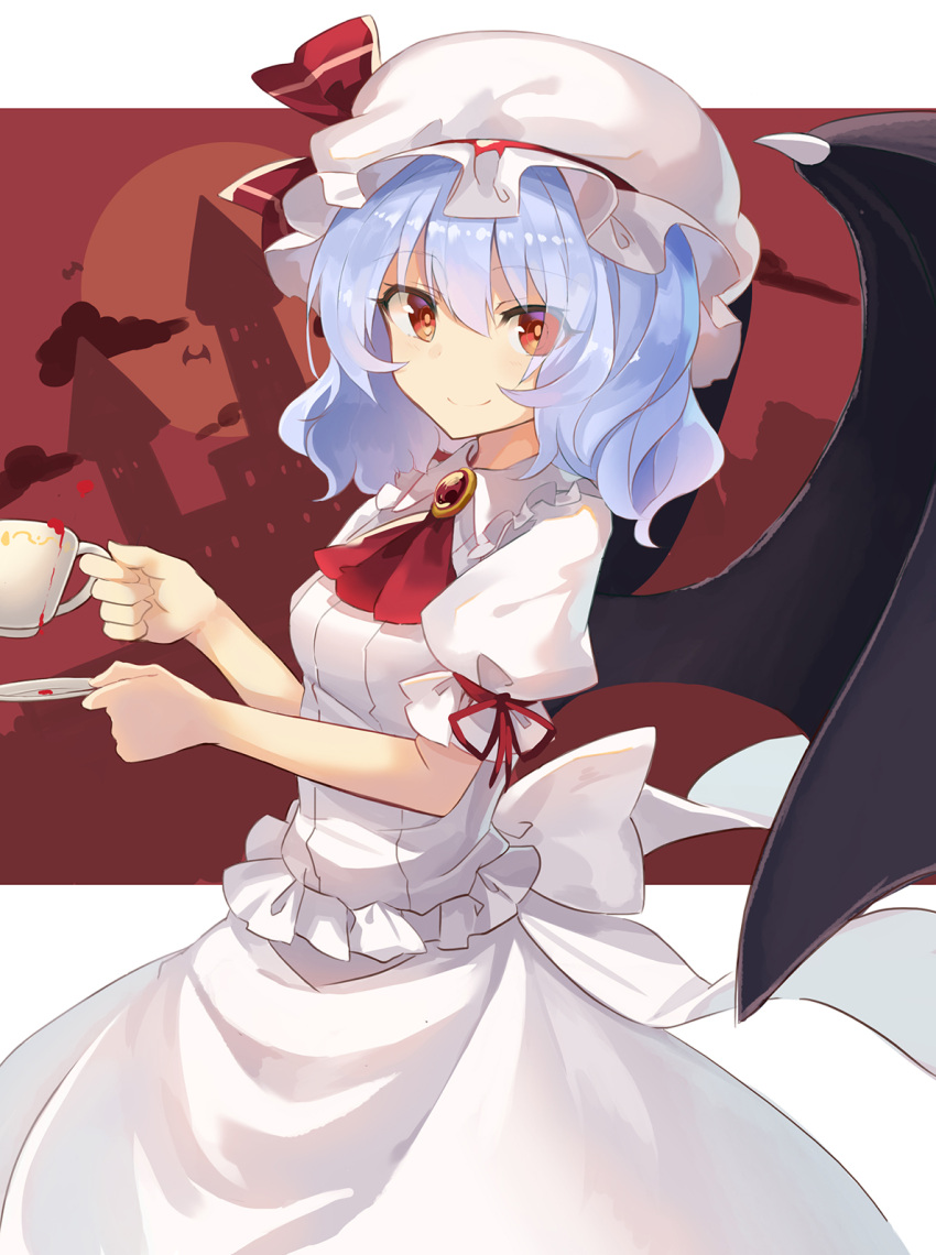 1girl ambiguous_red_liquid ascot bat bat_wings blue_hair breasts brooch castle commentary_request cowboy_shot cup dress eyebrows_visible_through_hair hair_between_eyes hat hat_ribbon highres holding holding_cup jewelry looking_at_viewer mob_cap moon puffy_short_sleeves puffy_sleeves red_background red_eyes red_neckwear red_ribbon remilia_scarlet ribbon rin_falcon short_hair short_sleeves small_breasts smile solo standing teacup touhou two-tone_background white_background white_dress white_hat wings