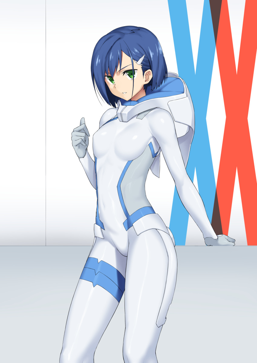 1girl bangs blue_hair bnc_(bunshi) bodysuit breasts cowboy_shot darling_in_the_franxx green_eyes hair_ornament hairclip highres ichigo_(darling_in_the_franxx) looking_at_viewer medium_breasts parted_lips shiny shiny_clothes shiny_hair short_hair skin_tight solo standing white_bodysuit
