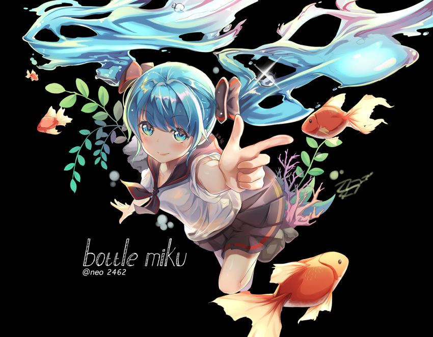 1girl artist_name black_background black_bow black_skirt blue_eyes blue_hair blush bottle_miku bow character_name eyebrows_visible_through_hair fish floating_hair goldfish hair_between_eyes hair_bow hatsune_miku hon_(neo2462) index_finger_raised liquid_hair long_hair looking_at_viewer miniskirt outstretched_arm pleated_skirt shirt short_sleeves simple_background skirt smile solo twintails very_long_hair vocaloid white_shirt