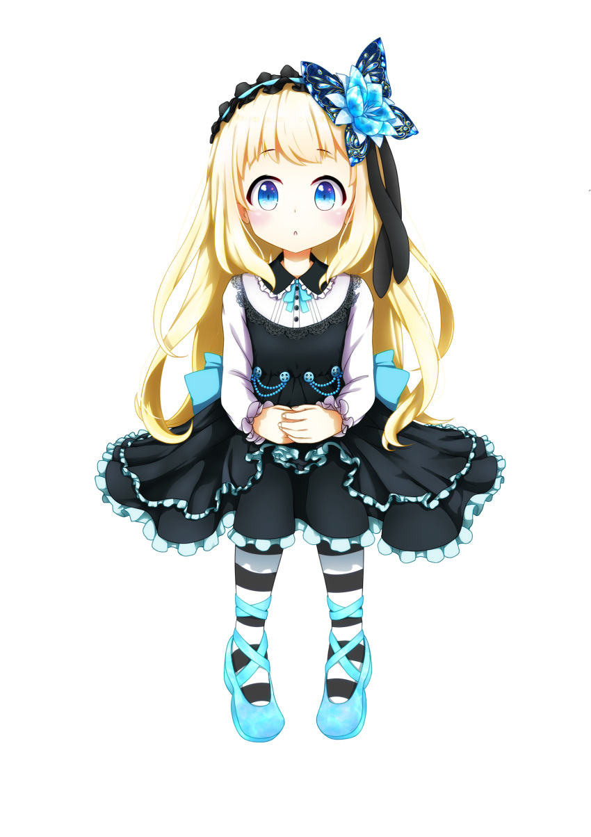 1girl absurdres aoi_thomas black_dress blonde_hair blue_eyes blue_flower blue_footwear butterfly_hair_ornament chestnut_mouth dress fingernails flower full_body gothic_lolita hair_flower hair_ornament hairband hands_on_lap highres lolita_fashion lolita_hairband long_hair long_sleeves original own_hands_together pantyhose parted_lips shirt shoes simple_background sitting solo striped striped_legwear very_long_hair white_background white_shirt