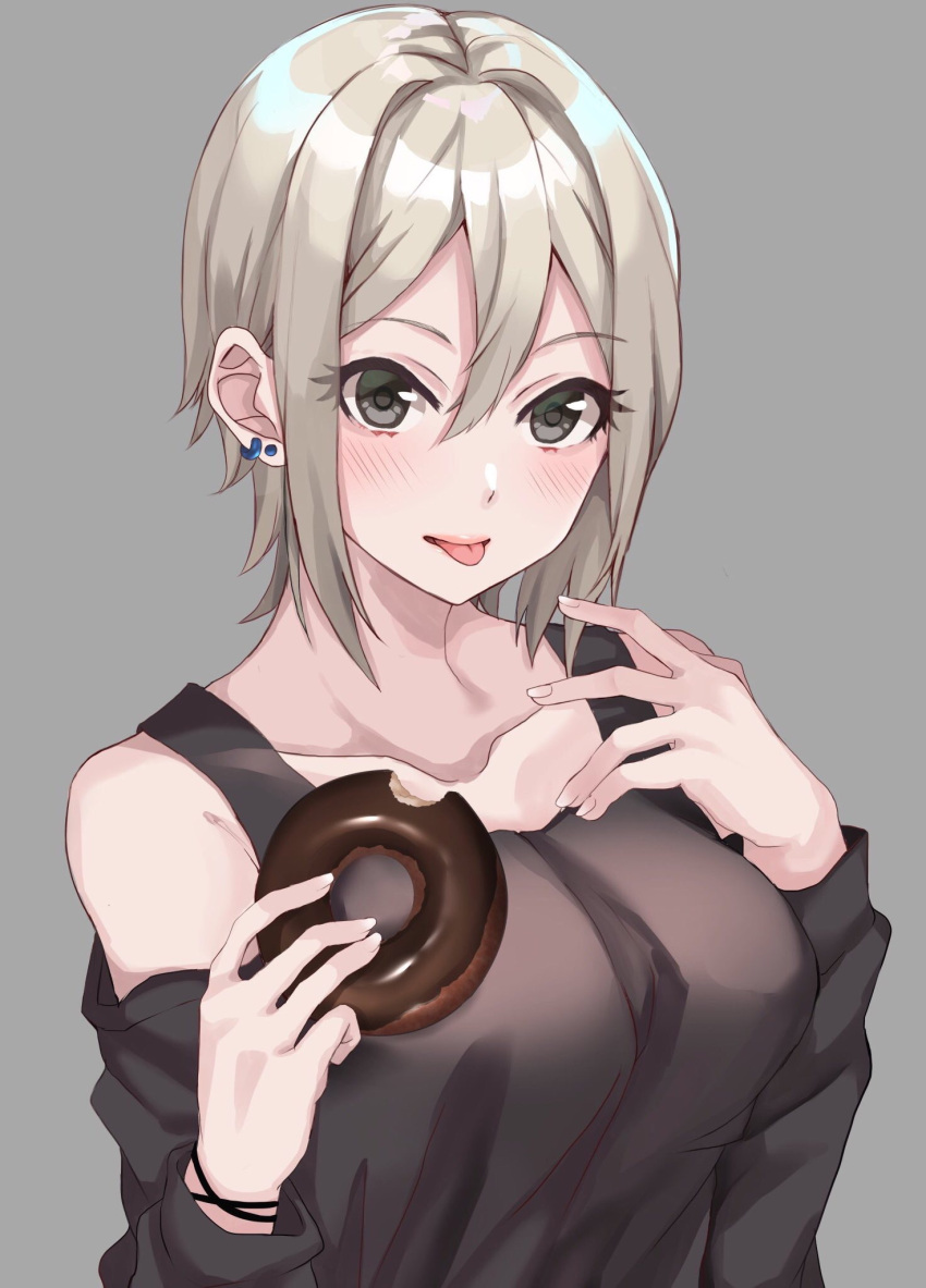 1girl :p bare_shoulders blonde_hair blush breasts collarbone detached_sleeves doughnut earrings eyelashes food grey_background hair_between_eyes hamu_(plot_sy) highres holding holding_food idolmaster idolmaster_cinderella_girls jewelry large_breasts long_sleeves looking_at_viewer shiny shiny_hair shiomi_shuuko short_hair simple_background smile solo stud_earrings tank_top tongue tongue_out upper_body wristband