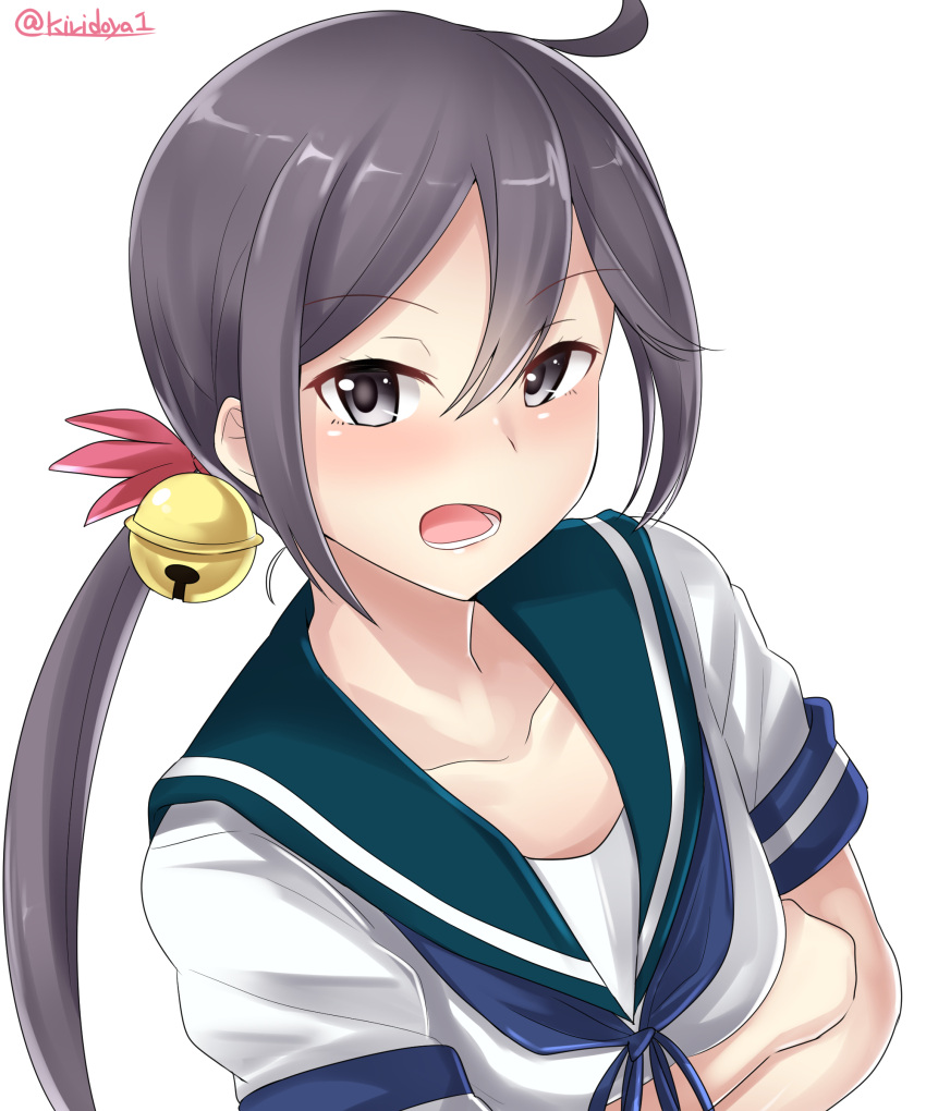 1girl absurdres ahoge akebono_(kantai_collection) bell black_eyes blue_ribbon blue_sailor_collar blush breast_hold breasts collarbone crossed_arms eyebrows_visible_through_hair flower hair_bell hair_between_eyes hair_flower hair_ornament highres jingle_bell kantai_collection kiritto long_hair looking_at_viewer open_mouth purple_hair red_flower ribbon sailor_collar school_uniform serafuku shirt short_sleeves side_ponytail simple_background small_breasts solo twitter_username upper_body white_background white_shirt