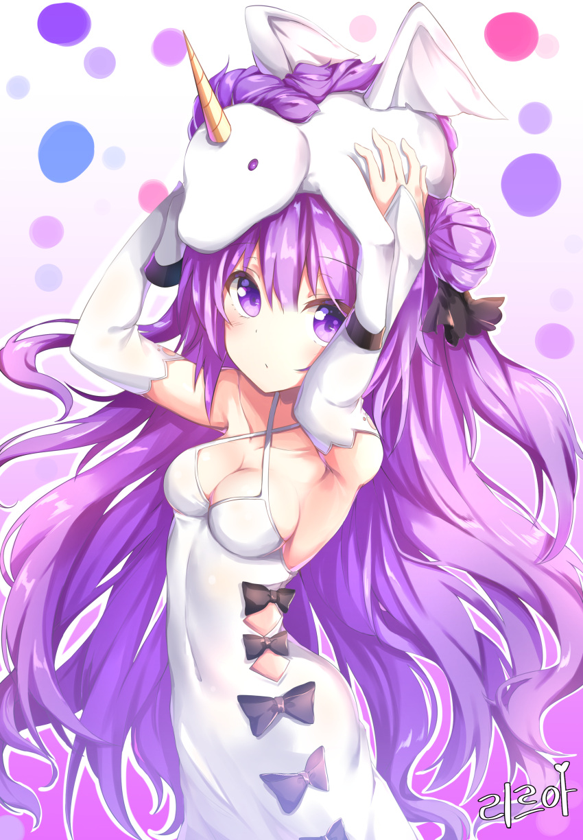 1girl :o absurdres arms_up azur_lane breasts cleavage covered_navel dress eyebrows_visible_through_hair gradient gradient_background hair_bun highres lira long_hair looking_at_viewer medium_breasts purple_hair solo stuffed_unicorn unicorn_(azur_lane) very_long_hair violet_eyes white_dress