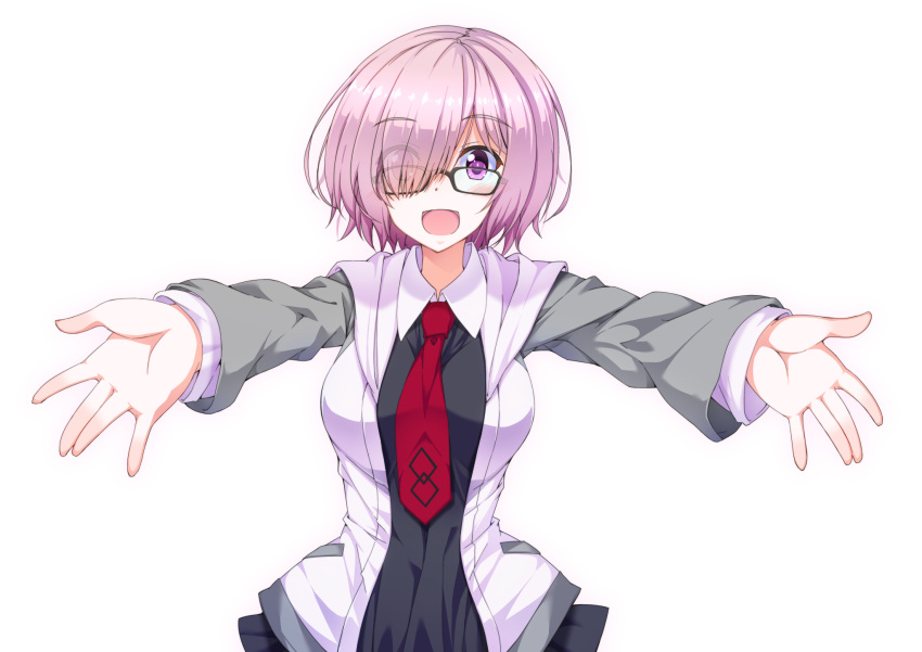 1girl black-framed_eyewear eyebrows_visible_through_hair eyes_visible_through_hair fate/grand_order fate_(series) glasses hair_over_one_eye highres mash_kyrielight necktie outstretched_arms pink_hair red_neckwear shefu shielder_(fate/grand_order) short_hair simple_background solo standing violet_eyes white_background