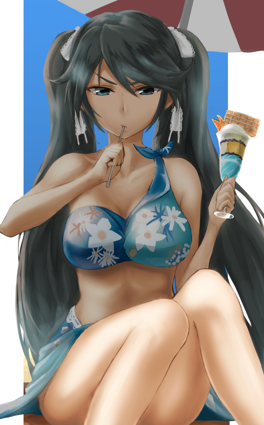 1girl alternate_costume anchor_symbol bangs bare_legs bikini blue_eyes blue_hair blue_sky breasts cleavage collarbone eating eyebrows_visible_through_hair floral_print food hair_ribbon half-closed_eyes highres holding holding_spoon ice_cream isuzu_(kantai_collection) kantai_collection knees_together_feet_apart kokuzoo lace lace-trimmed_ribbon large_breasts long_hair looking_at_viewer navel outdoors ribbon sarong sitting sky smile solo spoon swept_bangs swimsuit twintails umbrella waffle