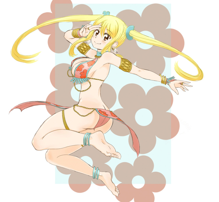 1girl anklet armband ass barefoot bikini blonde_hair blush bracelet breasts brown_eyes cleavage dancing earrings fairy_tail floral_print full_body highres jewelry large_breasts looking_at_viewer lucy_heartfilia ring salute sideboob sidelocks smile solo swimsuit twintails viperxtr