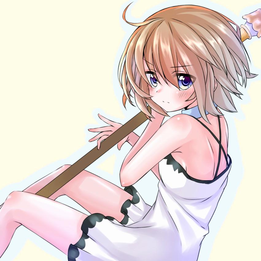 1girl bare_shoulders blanc blue_eyes brown_hair hammer highres looking_at_viewer neptune_(series) short_hair