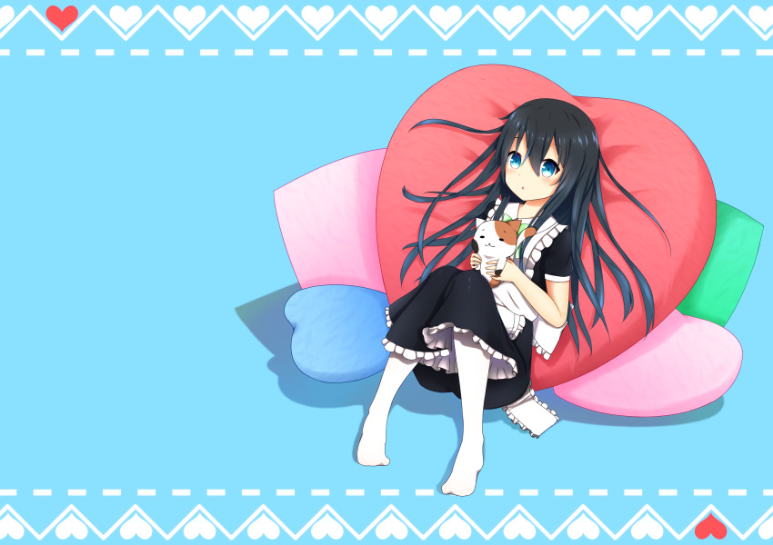 1girl absurdres alternate_costume animal aoi_thomas apron bangs black_dress black_hair blue_background blue_eyes blush bow bowtie cat chestnut_mouth collared_dress commentary_request dress enmaided eyebrows_visible_through_hair frilled_apron frills green_neckwear hair_between_eyes heart heart_pillow highres looking_at_viewer maid maid_headdress no_shoes original pantyhose parted_lips pillow puffy_short_sleeves puffy_sleeves reclining short_sleeves solo white_apron white_legwear
