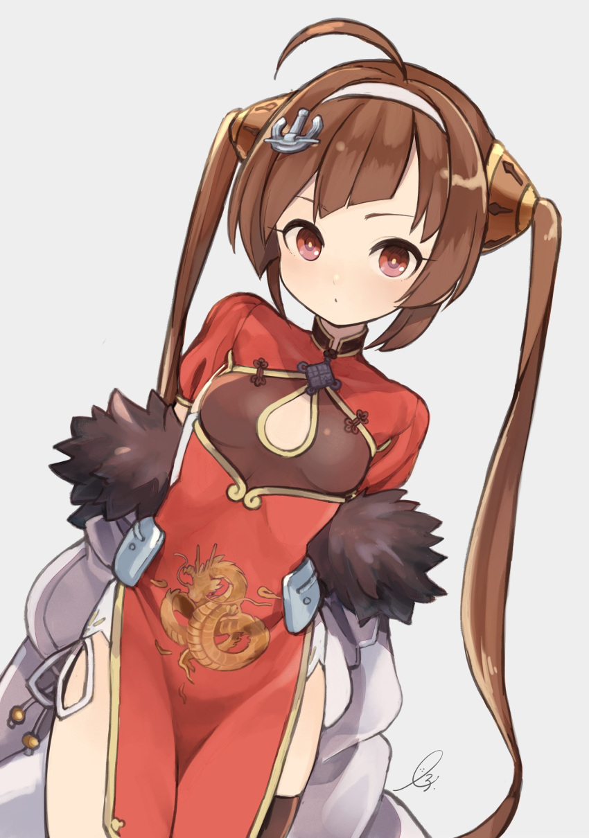 1girl ahoge anchor_hair_ornament azur_lane bangs black_legwear breasts brown_hair china_dress chinese_clothes cleavage_cutout closed_mouth coat dragon_print dress dutch_angle fur_collar grey_background hair_ornament hairband highres long_hair looking_at_viewer off_shoulder open_clothes open_coat pelvic_curtain ping_hai_(azur_lane) print_dress red_dress red_eyes signature simple_background single_thighhigh small_breasts solo tareme thigh-highs twintails white_hairband yellow_pupils yuko_(uc_yuk)