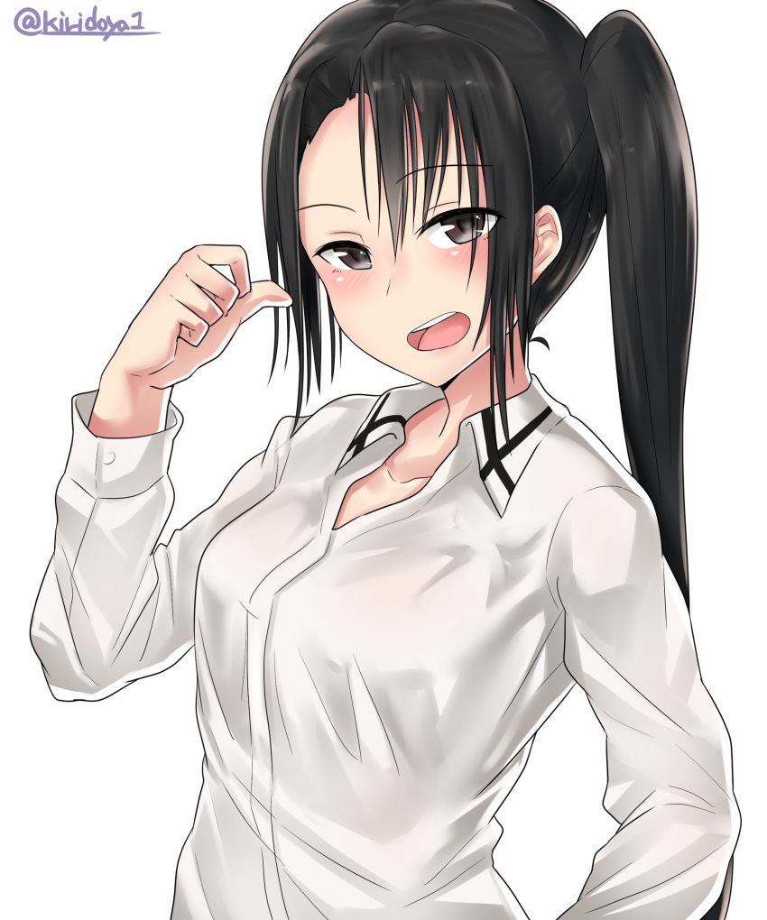 1girl :d absurdres asymmetrical_bangs bangs black_hair blush brown_eyes collared_shirt eyebrows_visible_through_hair hand_up highres kantai_collection kiritto long_hair long_sleeves looking_at_viewer nachi_(kantai_collection) open_mouth pointing pointing_at_self round_teeth shirt side_ponytail sidelocks smile solo teeth twitter_username upper_body white_shirt wing_collar