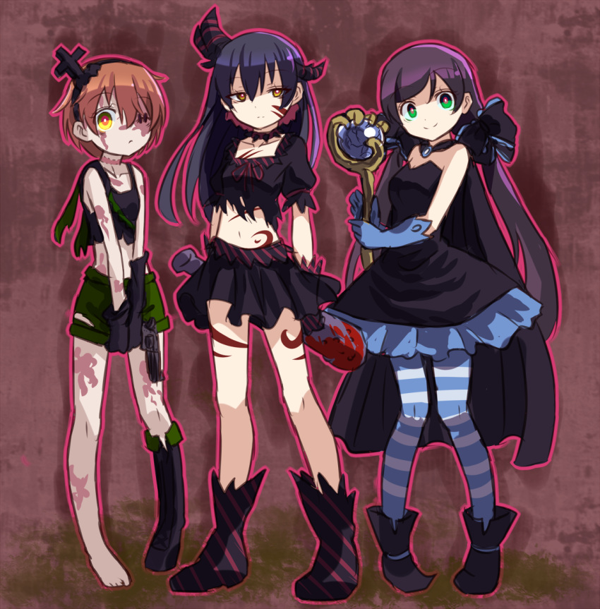 3girls alternate_costume blue_hair blush commentary_request dark_persona demon_horns gloves glowing glowing_eyes green_eyes gun hair_ornament highres holding holding_gun holding_weapon horns hoshizora_rin lily_white_(love_live!) long_hair looking_at_viewer love_live! love_live!_school_idol_project low_twintails multiple_girls one_eye_closed orange_hair pantyhose purple_hair ribbon shipii_(jigglypuff) shoes short_hair single_shoe smile sonoda_umi strapless striped striped_legwear tattoo toujou_nozomi twintails weapon yellow_eyes zombie