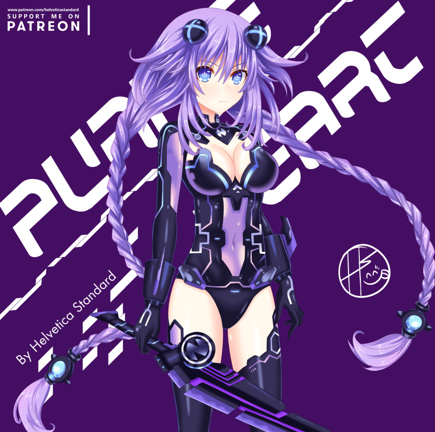 1girl black_gloves black_legwear black_leotard blue_eyes braid breasts cleavage eyebrows_visible_through_hair gloves hair_between_eyes helvetica_5tandard highres holding holding_sword holding_weapon leotard long_hair medium_breasts neptune_(choujigen_game_neptune) neptune_(series) purple_background purple_hair purple_heart see-through shin_jigen_game_neptune_vii solo standing sword thigh-highs twin_braids twintails very_long_hair weapon