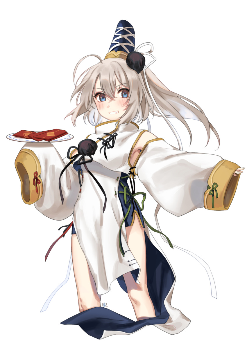 1girl absurdres ahoge armpits blue_eyes blush chinese_new_year commentary_request detached_sleeves dress eyebrows_visible_through_hair feet_out_of_frame grin hair_between_eyes hat highres holding holding_plate long_sleeves looking_at_viewer mononobe_no_futo plate pom_pom_(clothes) ponytail shan silver_hair simple_background sleeves_past_wrists smile solo standing tate_eboshi touhou white_background white_dress wide_sleeves