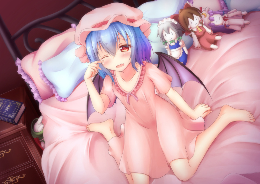 1girl alternate_costume barefoot bat_wings blue_hair blush book character_doll collarbone dutch_angle fang frilled_pillow frills hakurei_reimu hat headboard hong_meiling indoors izayoi_sakuya looking_at_viewer mob_cap nightgown nightstand nullpuni on_bed parted_lips patchouli_knowledge pillow red_eyes remilia_scarlet rubbing_eyes short_hair short_sleeves sitting sitting_on_bed solo tears toe_scrunch touhou wariza wings