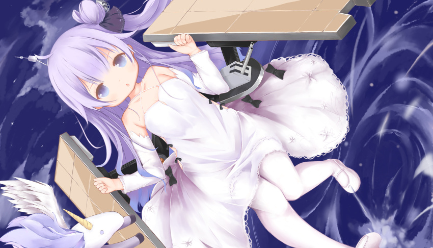 1girl ahoge alicorn animal azur_lane bangs bare_shoulders black_bow black_ribbon blue_sky blush bow cannon chestnut_mouth clouds collarbone commentary_request criss-cross_halter dress fata_(minifata) fingernails flight_deck hair_bun hair_ornament hair_ribbon halterneck highres long_hair looking_at_viewer mary_janes ocean one_side_up outdoors pantyhose parted_lips purple_hair ribbon shoes side_bun sky solo turret unicorn_(azur_lane) very_long_hair violet_eyes water white_dress white_footwear white_legwear
