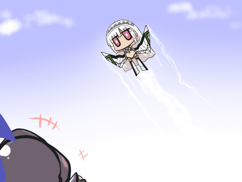 1boy 1girl altera_(fate) armor bandeau bangs berserker_(fate/zero) blue_sky blunt_bangs blush_stickers cape chibi comic commentary_request condensation_trail eyebrows_visible_through_hair fate/grand_order fate_(series) feathers flying gomasamune hairband hat_feather helmet highres long_sleeves outstretched_arms red_eyes sky spread_arms thigh-highs waving white_hair wide_sleeves x-29