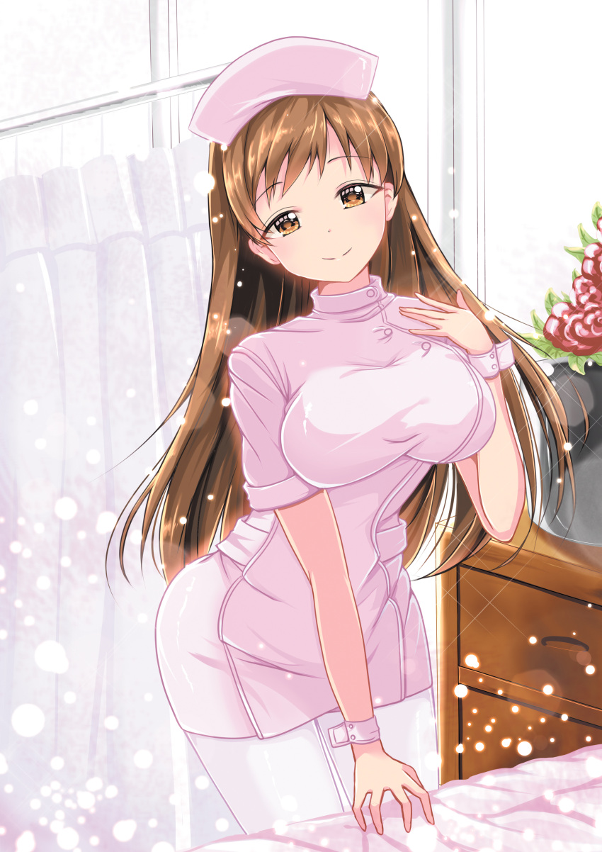 1girl absurdres breasts brown_eyes brown_hair hat highres idolmaster idolmaster_cinderella_girls large_breasts long_hair nitta_minami nurse nurse_cap pantyhose shailiar solo white_legwear