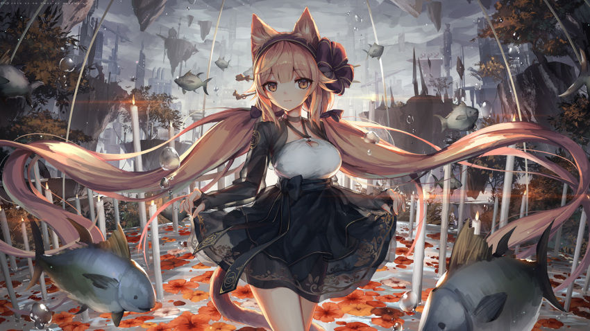 1girl animal_ears brown_eyes brown_hair candle cat_ears cat_tail fish jakoujika korean_clothes lifted_by_self long_hair looking_at_viewer original skirt skirt_lift smile tail twintails