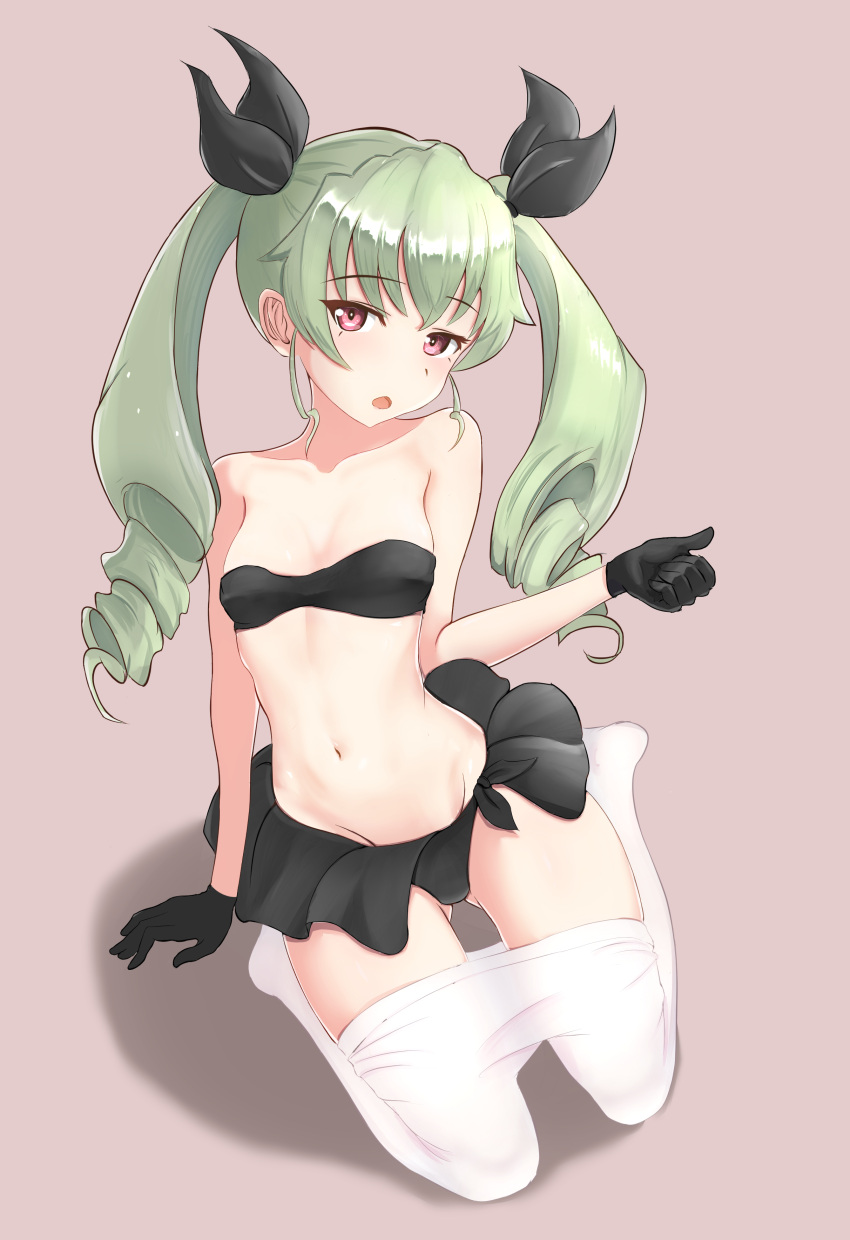 1girl absurdres anchovy arm_support bangs bikini black_gloves black_ribbon breasts brown_background commentary_request drill_hair eyebrows_visible_through_hair frilled_bikini frills full_body girls_und_panzer gloves gluteal_fold green_hair hair_ribbon head_tilt highres leaning_to_the_side long_hair looking_at_viewer navel open_mouth pantyhose pantyhose_pull red_eyes ribbon shadow simple_background sitting small_breasts solo strapless strapless_bikini sumiso_(smithsoniancorp) swimsuit twin_drills twintails wariza white_legwear