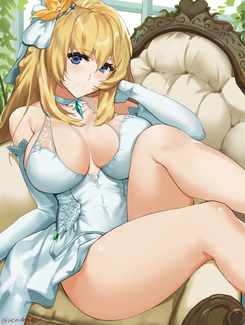 1girl armchair bare_shoulders blonde_hair blue_dress blue_eyes blue_gloves blush breasts chair choker choujigen_game_neptune cleavage covered_navel cowboy_shot dress elbow_gloves flower gloves hair_flower hair_ornament hand_on_own_chin highres indoors large_breasts long_hair looking_at_viewer neptune_(choujigen_game_neptune) neptune_(series) plant sendrawz sitting smile solo thighs twitter_username vert window