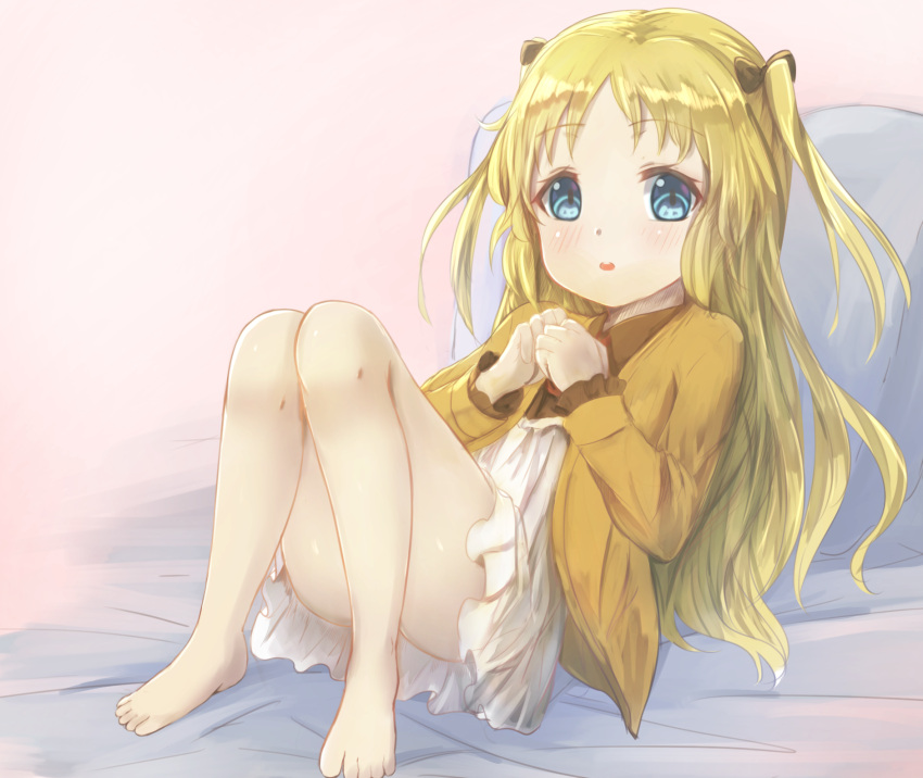 1girl bare_legs barefoot bed_sheet black_shirt blonde_hair blue_eyes blush bow brown_bow charlotte_izoard collarbone commentary convenient_leg hair_bow high-waist_skirt highres hikari_niji jacket long_hair looking_at_viewer own_hands_together parted_lips red_neckwear ryuuou_no_oshigoto! shirt sitting skirt solo two_side_up upper_teeth very_long_hair white_skirt yellow_jacket