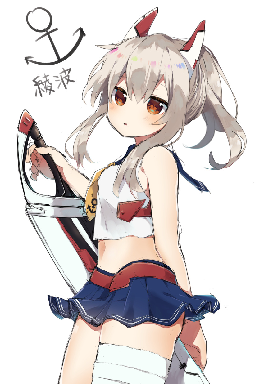 1girl :o anchor anchor_symbol arm_behind_back ayanami_(azur_lane) azur_lane bandage bandaged_leg bare_shoulders belt blue_sailor_collar blue_skirt blush brown_eyes cowboy_shot eyebrows_visible_through_hair from_side headgear highres holding holding_sword holding_weapon light_brown_hair long_hair looking_at_viewer looking_to_the_side miniskirt navel neckerchief okada-san parted_lips sailor_collar shirt sidelocks simple_background sketch skirt sleeveless sleeveless_shirt solo standing sword weapon white_background white_shirt yellow_neckwear
