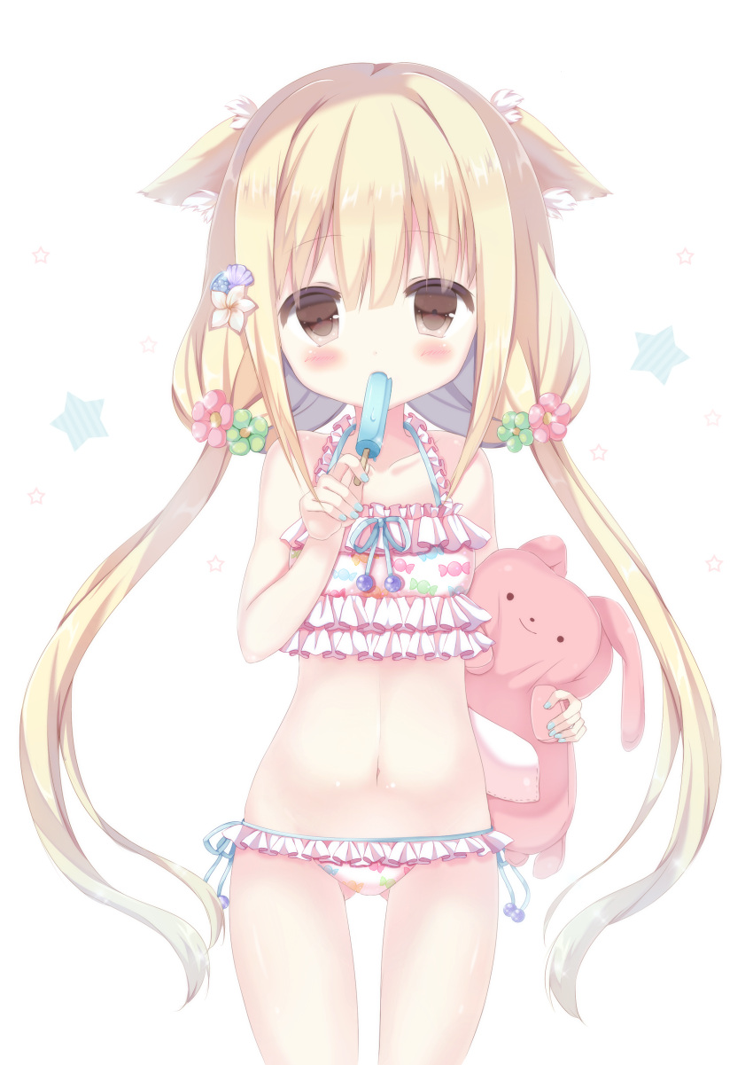 1girl absurdres animal_ears bangs bare_arms bare_shoulders bikini blonde_hair blue_nails blush brown_eyes candy_wrapper cat_ears collarbone commentary_request cowboy_shot ears_down eyebrows_visible_through_hair fang fingernails flower food food_in_mouth frilled_bikini frills futaba_anzu gluteal_fold green_flower hair_between_eyes hair_flower hair_ornament halter_top halterneck highres holding holding_food idolmaster idolmaster_cinderella_girls idolmaster_cinderella_girls_starlight_stage long_hair looking_at_viewer low_twintails nail_polish navel object_hug pink_flower popsicle print_bikini saeki_sora side-tie_bikini sidelocks solo star starry_background stuffed_animal stuffed_bunny stuffed_toy swimsuit twintails very_long_hair white_background white_bikini