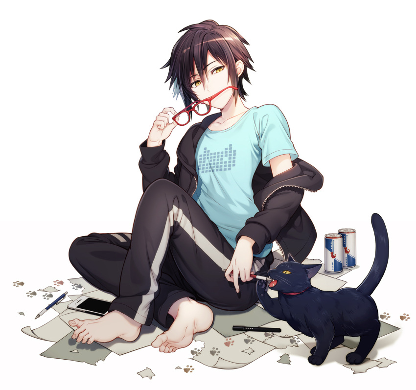 1boy animal aqua_shirt barefoot black_cat black_jacket black_pants brown_hair can cat cellphone collarbone eyebrows_visible_through_hair fangs feet full_body glasses hair_between_eyes half-closed_eyes highres holding holding_eyewear holding_pen jacket knee_up long_sleeves looking_at_viewer maro_(nikeneko523) off_shoulder open_clothes open_jacket open_mouth original pants paper paws phone red-framed_eyewear shiny shiny_hair shirt short_sleeves simple_background sitting smartphone soda_can solo toes track_pants underwear whiskers white_background yellow_eyes