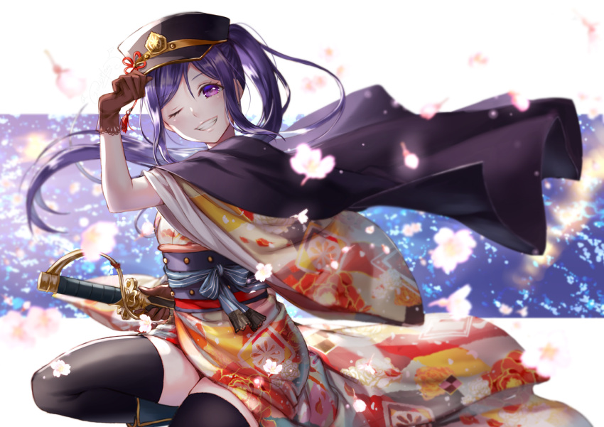 1girl black_hair cape cherry_blossoms gloves hat japanese_clothes kimono lma long_hair looking_at_viewer love_live! love_live!_sunshine!! matsuura_kanan one_eye_closed ponytail smile solo sword teeth thigh-highs violet_eyes weapon wind