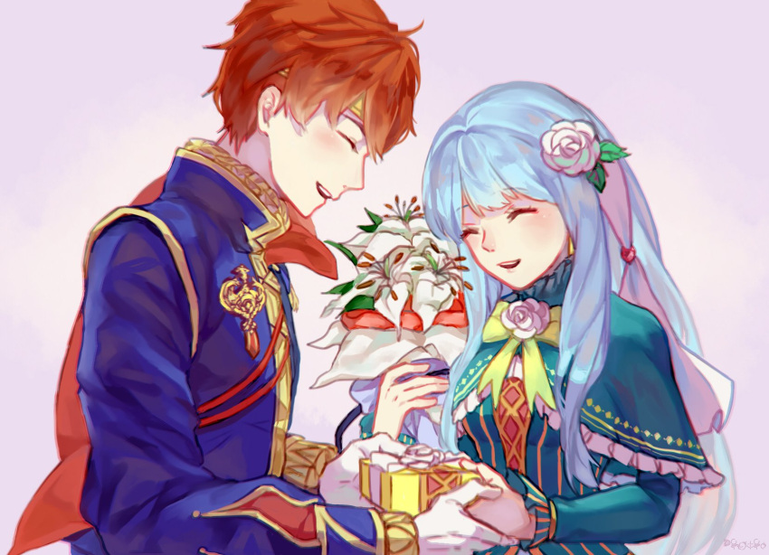 1girl artist_request blue_hair blush closed_eyes couple dress eliwood_(fire_emblem) fire_emblem fire_emblem:_rekka_no_ken fire_emblem_heroes flower gloves hair_ornament highres long_hair mamkute ninian red_eyes redhead short_hair smile