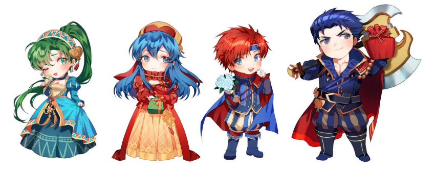 2boys 2girls axe blue_eyes blue_hair cape chibi dress eliwood_(fire_emblem) father_and_daughter fire_emblem fire_emblem:_fuuin_no_tsurugi fire_emblem:_rekka_no_ken fire_emblem_heroes green_eyes green_hair hat headband hector_(fire_emblem) highres jewelry lilina long_hair looking_at_viewer lyndis_(fire_emblem) mother_and_daughter multiple_boys multiple_girls open_mouth ponytail redhead roy_(fire_emblem) short_hair smile weapon winter_clothes zuizi
