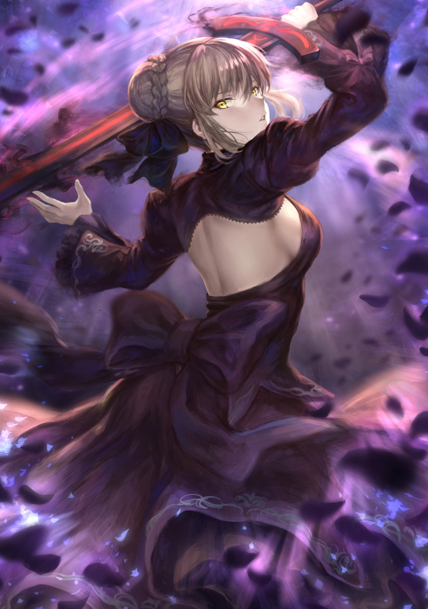 arms_up artoria_pendragon_(all) aura back backlighting bangs black_bow black_dress black_ribbon bow breasts dark_excalibur dress fate/stay_night fate_(series) hair_between_eyes hair_bun hair_ribbon highres holding holding_sword holding_weapon juliet_sleeves layered_dress long_sleeves looking_at_viewer looking_back mashu_003 medium_breasts motion_blur pale_skin parted_lips petals puffy_sleeves ribbon saber_alter shiny shiny_hair short_hair_with_long_locks sideboob sidelocks sword tsurime weapon wide_sleeves