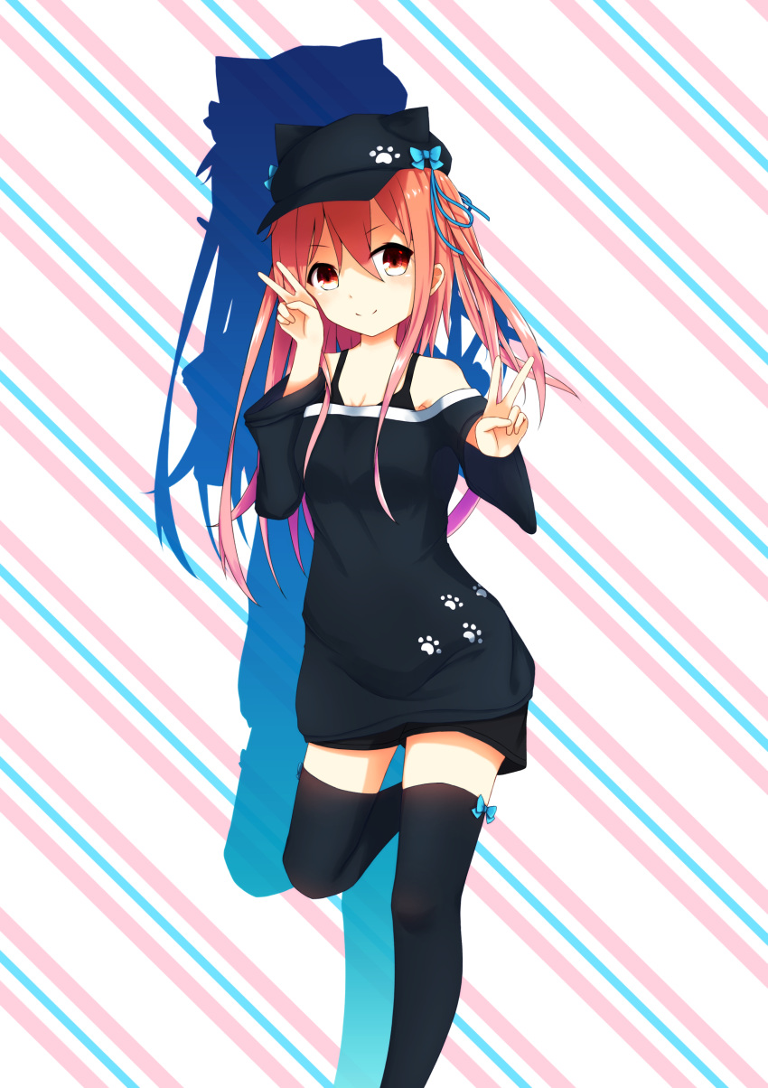 1girl absurdres animal_hat aoi_thomas bangs bare_shoulders black_hat black_legwear black_shirt black_shorts blue_bow blue_ribbon bow breasts brown_hair cat_hat cat_tail cleavage closed_mouth commentary_request diagonal-striped_background diagonal_stripes double_v eyebrows_visible_through_hair flat_cap hair_between_eyes hair_ribbon hat hat_bow head_tilt highres long_sleeves looking_at_viewer medium_breasts off-shoulder_shirt original red_eyes ribbon shirt short_shorts shorts smile solo standing standing_on_one_leg tail thigh-highs twintails v wide_sleeves