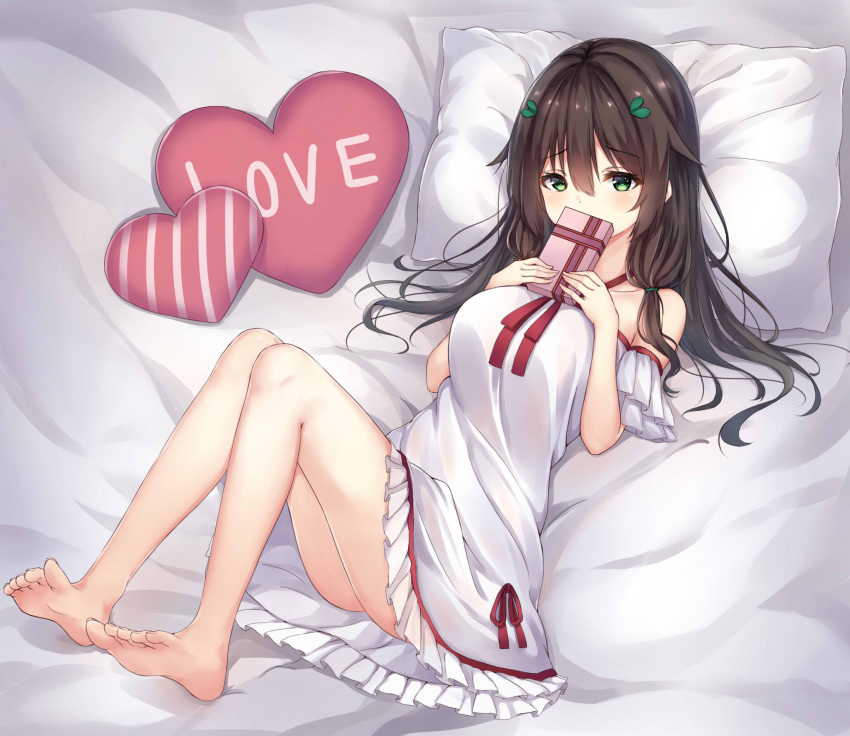 1girl bangs bare_legs bare_shoulders barefoot bed_sheet blush box breasts brown_hair covering_mouth dress egg embarrassed eyebrows_visible_through_hair feet frilled_dress frilled_sleeves frills full_body gift gift_box green_eyes hair_between_eyes halter_dress highres holding holding_gift long_hair looking_at_viewer lying medium_breasts off-shoulder_dress off_shoulder on_back original pillow raised_eyebrows red_ribbon ribbon soles solo toes two-handed valentine wavy_hair white_dress ym_(distance819)