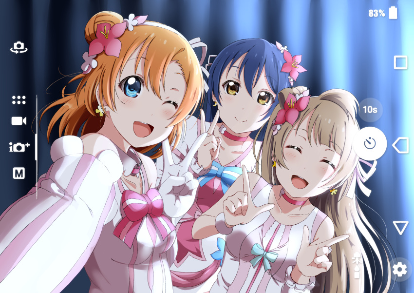 3girls absurdres bare_shoulders blue_eyes blue_hair blush bokutachi_wa_hitotsu_no_hikari choker closed_eyes closed_mouth commentary_request elbow_gloves flower gloves grey_hair hair_flower hair_ornament highres kousaka_honoka long_hair looking_at_viewer love_live! love_live!_school_idol_project minami_kotori multiple_girls one_eye_closed one_side_up open_mouth orange_hair ribbon shiokazunoko sleeveless smile sonoda_umi upper_body v yellow_eyes