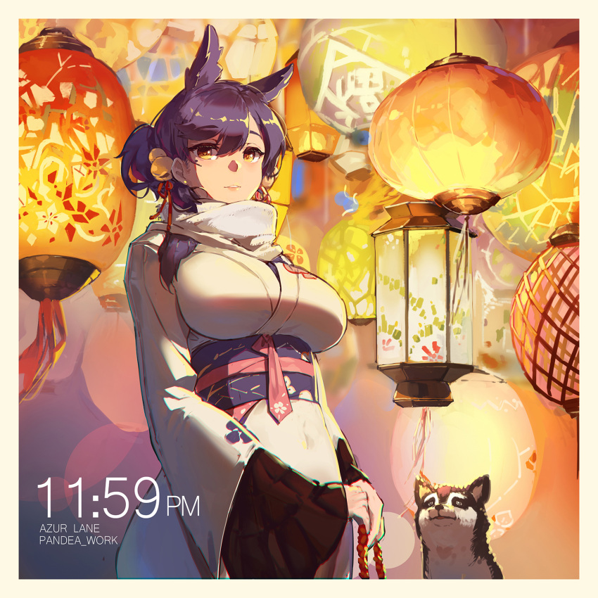 1girl alternate_hairstyle animal animal_ears artist_name atago_(azur_lane) azur_lane backlighting bell black_hair breasts chinese_new_year copyright_name covered_navel dog earrings enpera eyebrows_visible_through_hair hair_bell hair_between_eyes hair_ornament hair_ribbon highres japanese_clothes jewelry jingle_bell kimono lantern large_breasts light long_hair long_sleeves looking_at_viewer mole mole_under_eye obi own_hands_together pandea_work parted_lips red_ribbon ribbon sash scarf shiny shiny_hair smile solo stud_earrings underbust upper_body white_kimono white_scarf wide_sleeves