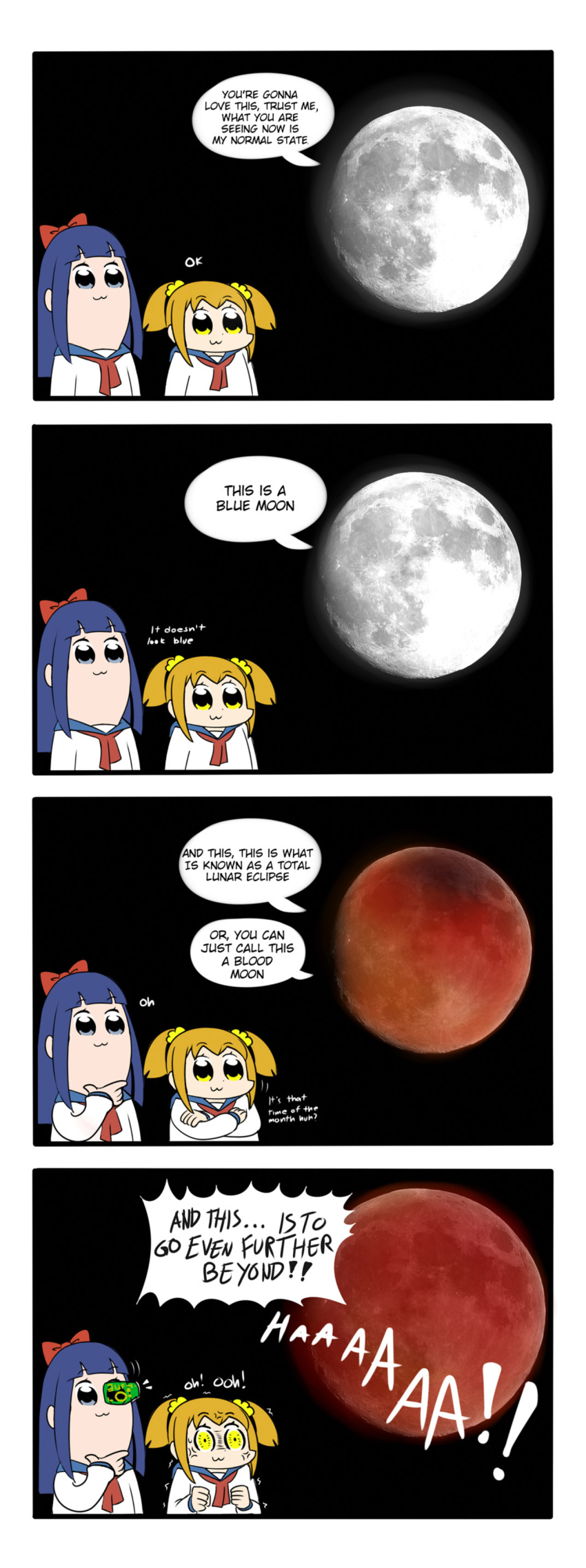 2girls 4koma :3 absurdres bangs bkub_(style) blue_eyes blue_hair blue_moon blunt_bangs bow chin_stroking clenched_hands comic constricted_pupils crossed_arms dragon_ball dragonball_z eclipse english full_moon hair_bow hair_ornament hair_scrunchie highres lunar_eclipse moon multiple_girls pipimi poptepipic popuko red_bow red_moon school_uniform scouter scrunchie serafuku sidelocks two_side_up viperxtr yellow_eyes yellow_scrunchie