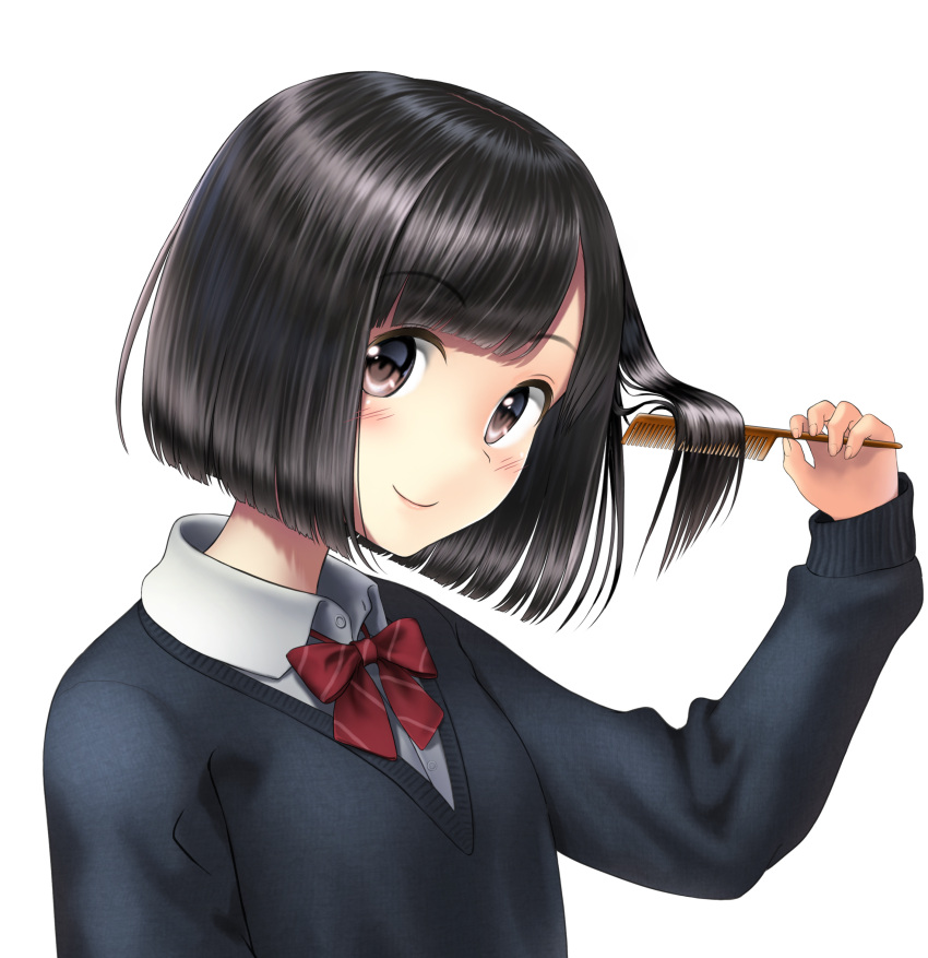 1girl absurdres bangs black_hair black_sweater blunt_bangs bob_cut bow bowtie brown_eyes clouds collared_shirt comb combing eyebrows_visible_through_hair highres holding lips long_sleeves original red_bow red_neckwear sarekoube school_uniform shirt simple_background solo sweater tareme upper_body white_background wing_collar