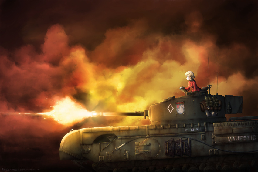 1girl arm_support bangs blonde_hair braid churchill_(tank) closed_mouth commentary darjeeling darkness emblem english epaulettes firing fongsaunder from_side girls_und_panzer ground_vehicle highres jacket leaning_forward long_sleeves military military_uniform military_vehicle motor_vehicle red_jacket short_hair smile smoke solo st._gloriana's_(emblem) st._gloriana's_military_uniform tank tied_hair twin_braids uniform