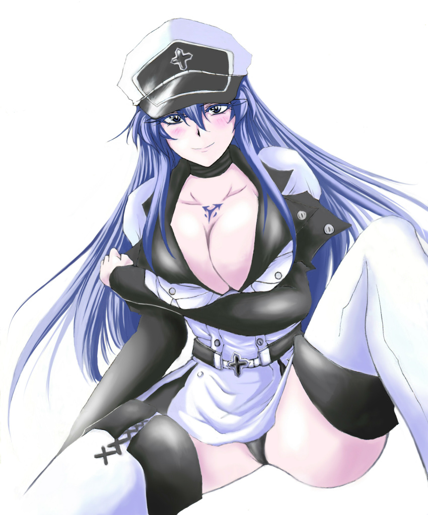 1girl absurdres akame_ga_kill! black_panties blue_eyes blue_hair blush boots breast_hold breasts choker cleavage dress esdeath hat highres large_breasts long_hair military military_uniform nsxrx7rx8 panties peaked_cap sitting solo thigh-highs thigh_boots thighs underwear uniform very_long_hair