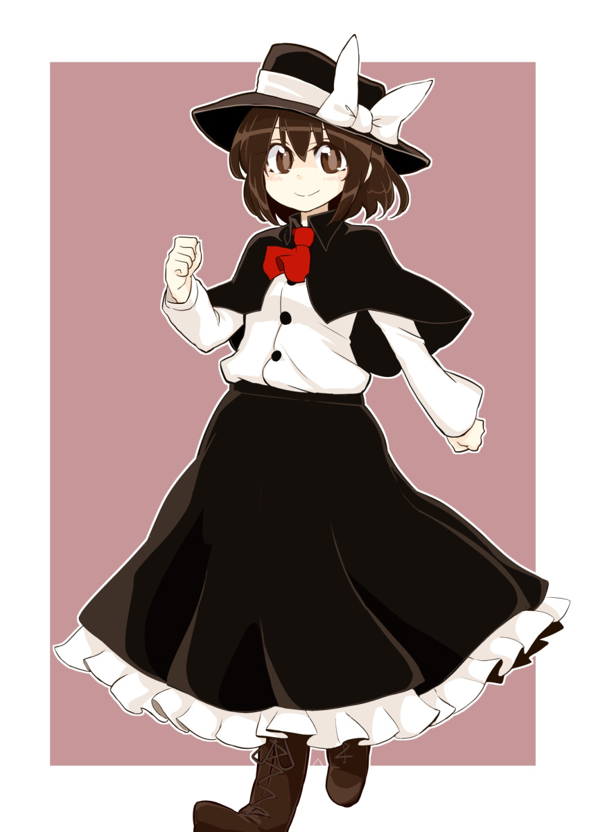 1girl azumaya_toushirou black_capelet black_hat black_skirt boots bow brown_background brown_eyes brown_footwear brown_hair buttons capelet clenched_hands closed_mouth commentary_request frilled_skirt frills hat hat_bow highres long_skirt long_sleeves looking_at_viewer petticoat red_neckwear shirt short_hair skirt smile solo square touhou two-tone_background usami_renko walking white_background white_bow white_shirt