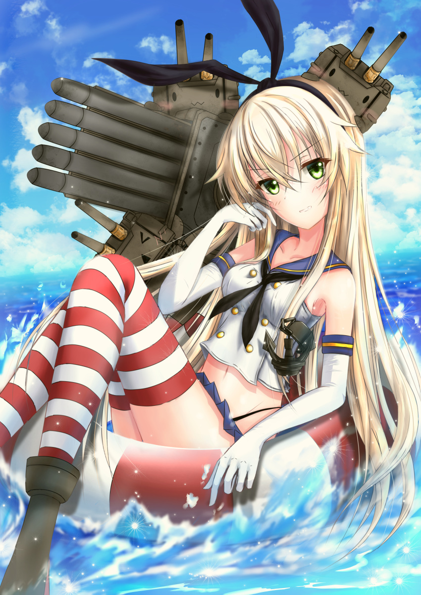 1girl absurdres afloat anchor_hair_ornament blonde_hair blue_sky clouds cloudy_sky commentary_request elbow_gloves gloves green_eyes hair_ornament hairband hamamoto_shiyuu highres horizon kantai_collection lifebuoy long_hair looking_at_viewer machinery navel ocean rensouhou-chan shimakaze_(kantai_collection) sky torpedo_tubes turret white_gloves