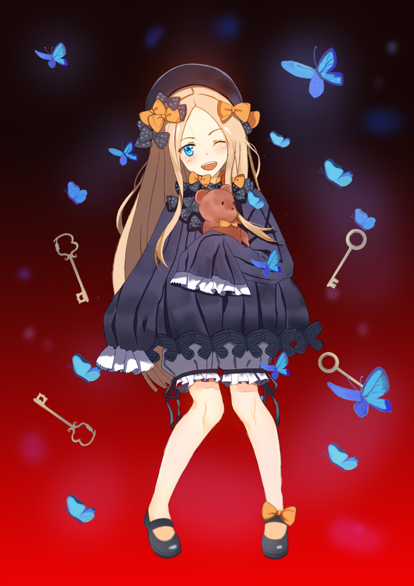 1girl ;d abigail_williams_(fate/grand_order) absurdres bangs black_bow black_dress black_footwear black_hat blonde_hair bloomers blue_eyes blush bow butterfly chovy_(arina0908) commentary_request dress fate/grand_order fate_(series) forehead hair_bow hat head_tilt highres key long_hair long_sleeves looking_at_viewer mary_janes object_hug one_eye_closed open_mouth orange_bow parted_bangs polka_dot polka_dot_bow red_background revision shoes sleeves_past_fingers sleeves_past_wrists smile solo stuffed_animal stuffed_toy teddy_bear underwear upper_teeth very_long_hair white_bloomers