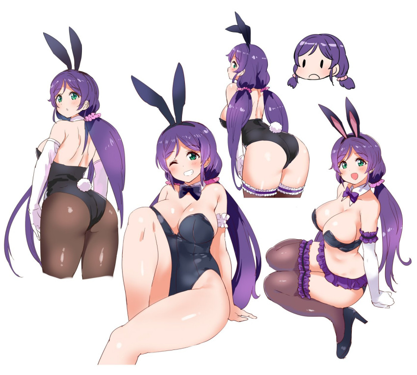 1girl animal_ears bare_shoulders blush breasts bunny_tail bunnysuit cleavage elbow_gloves gloves green_eyes high_heels highres kurokawa_makoto large_breasts long_hair love_live! love_live!_school_idol_project low_twintails one_eye_closed purple_hair rabbit_ears scrunchie tagme tail thigh-highs toujou_nozomi twintails