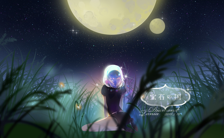 androgynous diamond_(houseki_no_kuni) full_moon gem_uniform_(houseki_no_kuni) grass highres houseki_no_kuni moon multicolored_hair multiple_moons night night_sky rainbow_hair scenery short_hair sitting sky solo sparkle star_(sky) starry_sky white_hair