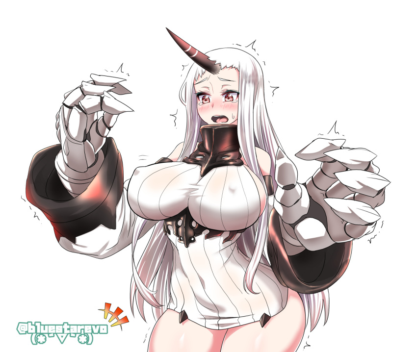 1girl blush breasts brown_eyes claws commentary_request detached_sleeves dress erect_nipples evo_(pixiv13178077) highres horn kantai_collection large_breasts long_hair looking_at_viewer open_mouth pale_skin ribbed_dress seaport_hime shinkaisei-kan short_dress simple_background solo sweat sweater sweater_dress tears white_background white_dress white_hair
