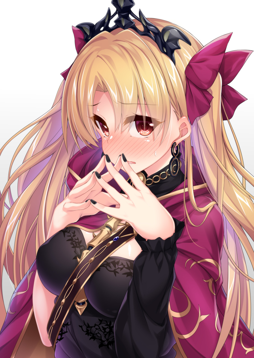 1girl absurdres blonde_hair blush breasts cape cleavage earrings embarrassed ereshkigal_(fate/grand_order) fate/grand_order fate_(series) gradient gradient_background grey_background hair_ribbon highres jewelry long_hair looking_at_viewer medium_breasts red_eyes red_ribbon ribbon solo tiara two_side_up upper_body wakagi_repa white_background