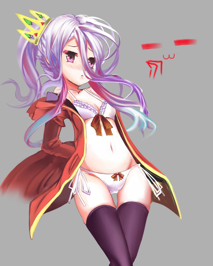 1girl arms_behind_back black_legwear blush bow bow_bra bow_panties bra closed_mouth cowboy_shot crown frilled_bra frills frown grey_background hair_between_eyes highres jacket long_hair looking_at_viewer no_game_no_life no_pants off_shoulder panties ponytails purple_hair red_jacket shiro_(no_game_no_life) side-tie_panties simple_background skindentation solo standing thigh-highs thigh_gap underwear violet_eyes white_bra white_panties xiaoyu