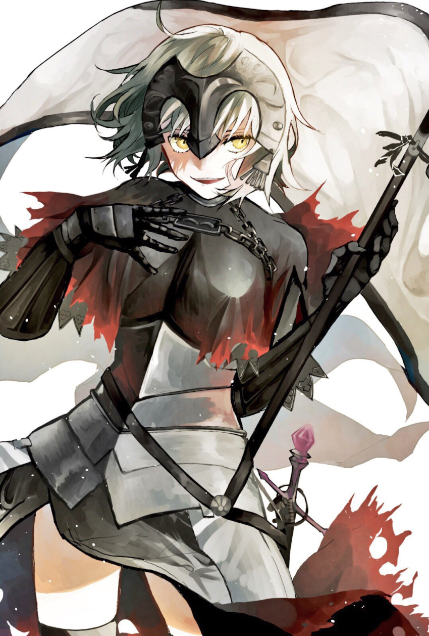 1girl :d armor armored_dress banner black_dress black_legwear chains dress fate/grand_order fate_(series) floating_hair gauntlets highres holding holding_weapon jeanne_d'arc_(alter)_(fate) jeanne_d'arc_(fate)_(all) looking_at_viewer open_mouth short_hair silver_hair smile solo thigh-highs weapon yellow_eyes
