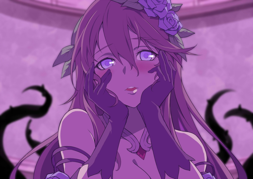 1girl blurry blush breasts cleavage commentary_request depth_of_field eyebrows_visible_through_hair flower gloves granblue_fantasy hair_between_eyes hair_flower hair_ornament hands_on_own_cheeks hands_on_own_face highres jewelry kakage long_hair looking_at_viewer necklace parted_lips purple rosetta_(granblue_fantasy) solo upper_body yandere_trance